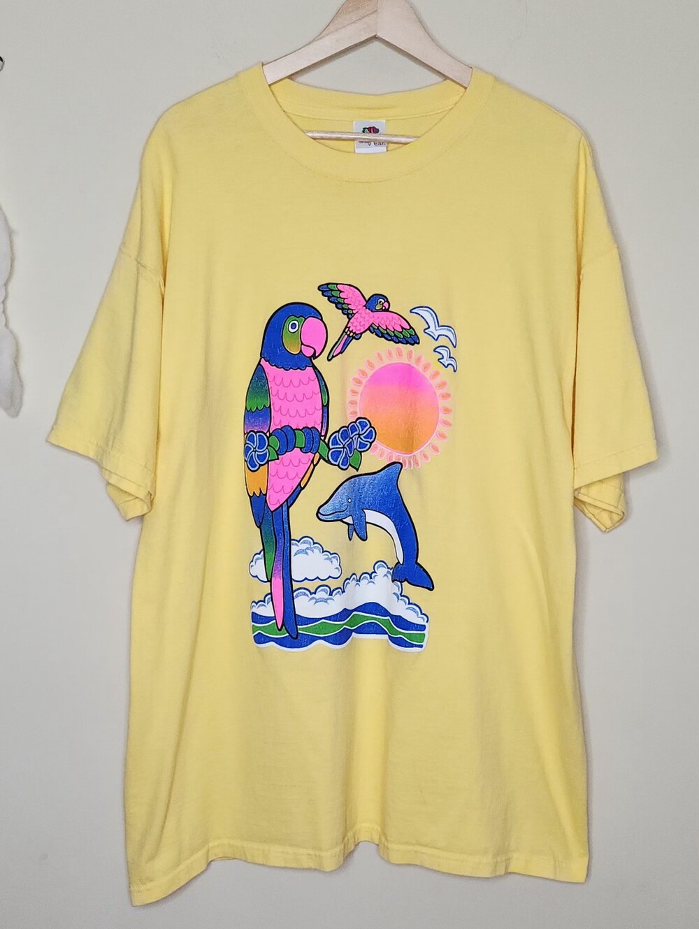 Vintage 90s Lisa Frank Aesthetic Yellow Tropical Graphic Tee Beach Sunset 2XL